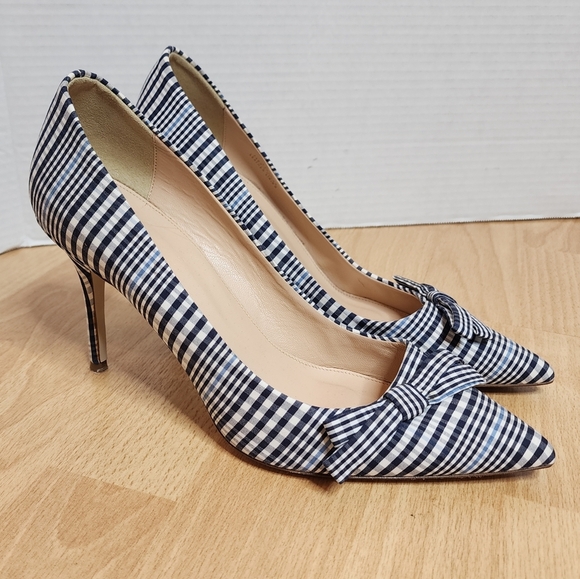 J. Crew Blue White Plaid Bow Pump Pointed Toe Heels Size 9.5 - Picture 2 of 16